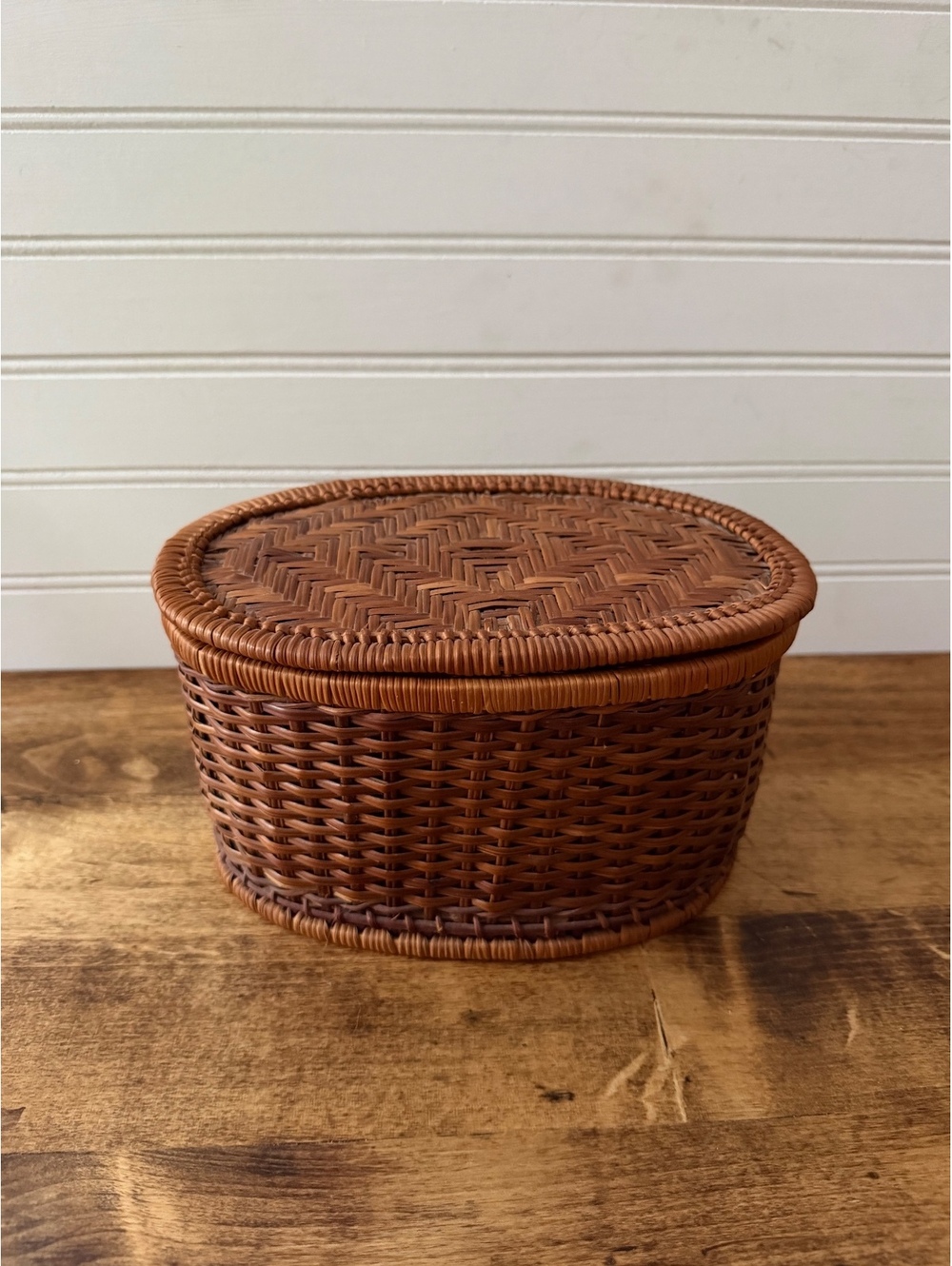 Vintage Oval Rattan Lidded Basket 8x4.5 Woven Wicker Trinket Storage Boho Box